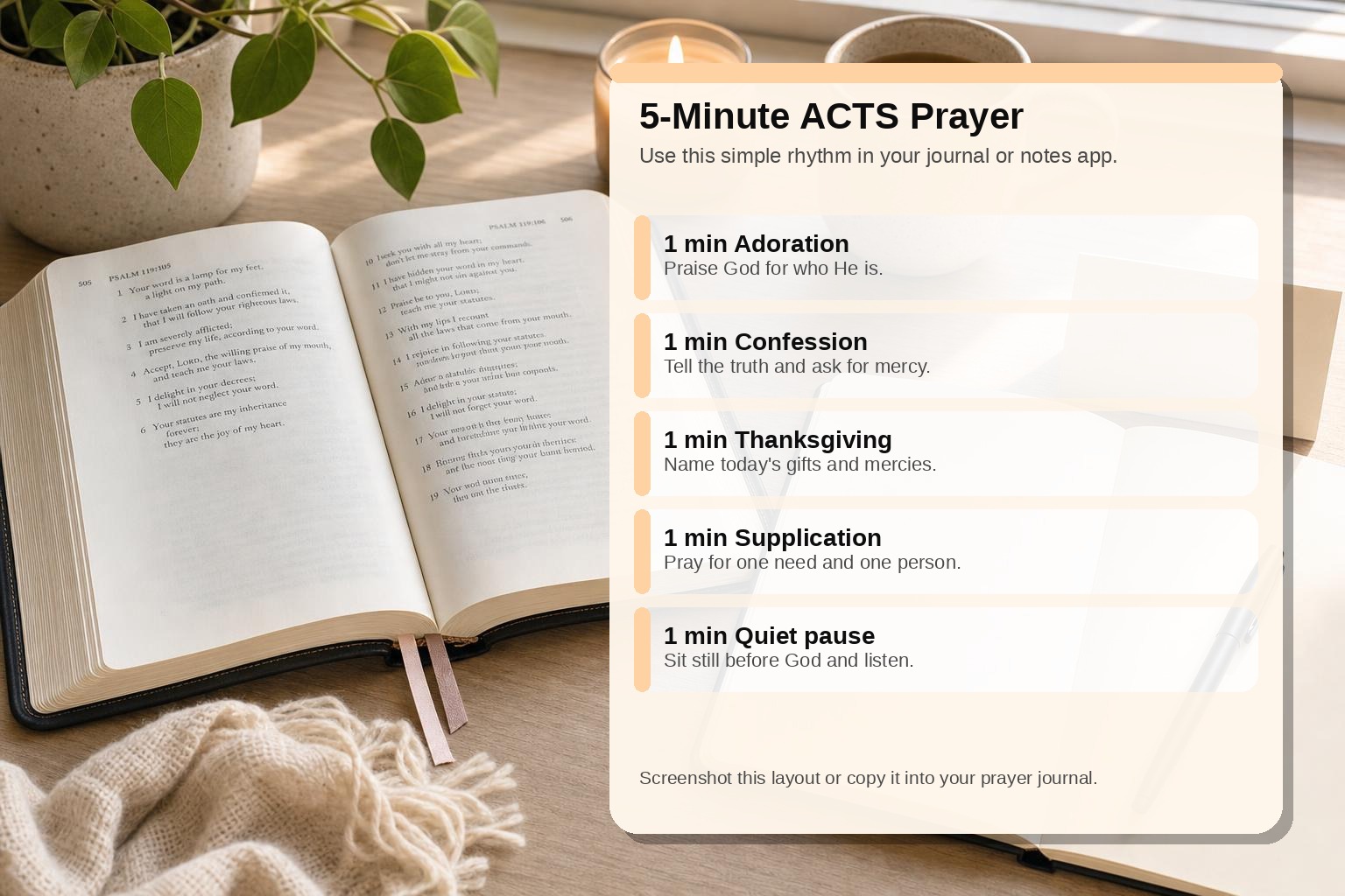 Simple ACTS prayer journal template beside an open Bible for daily use