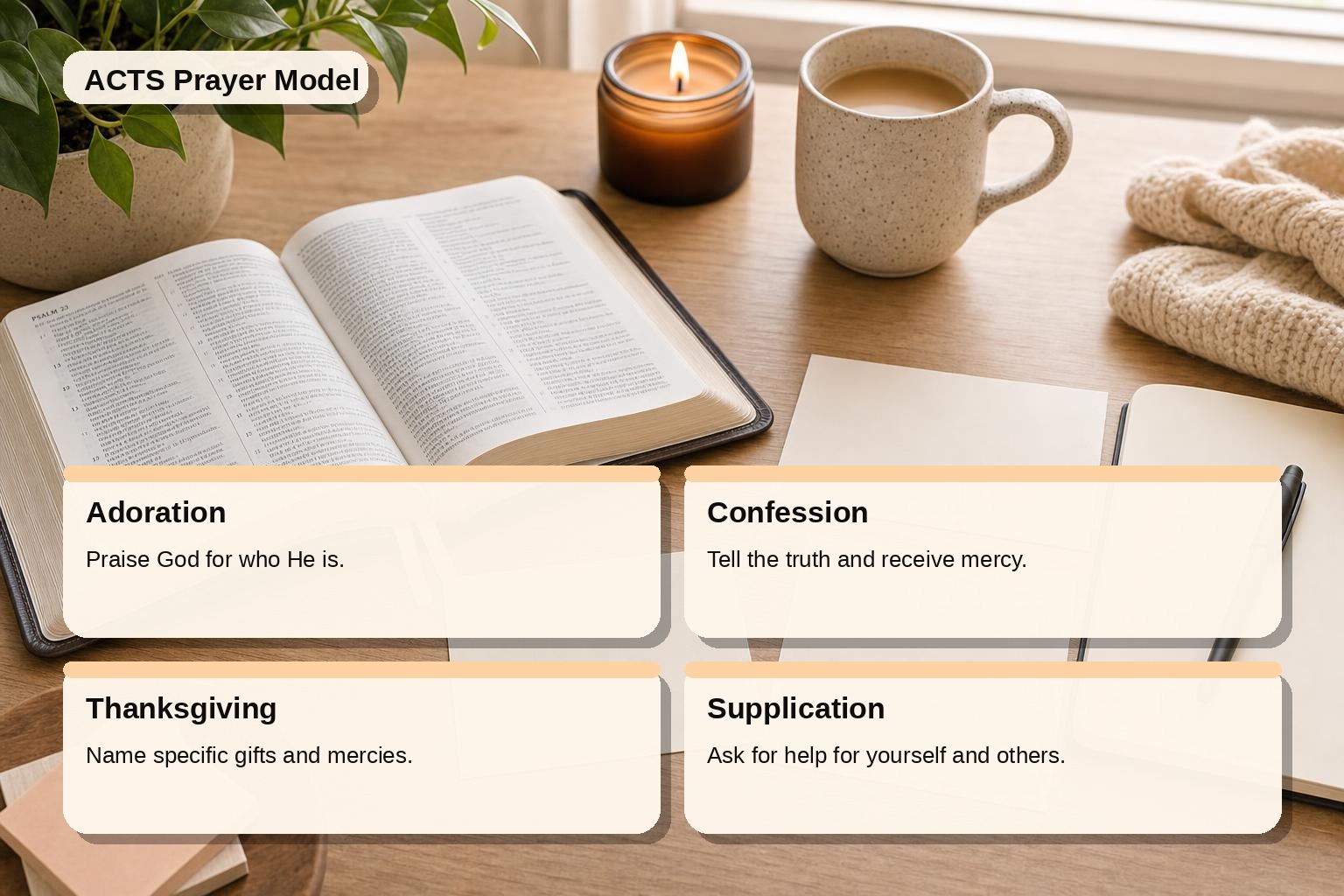 Prayer journal and open Bible showing the four movements of the ACTS prayer model
