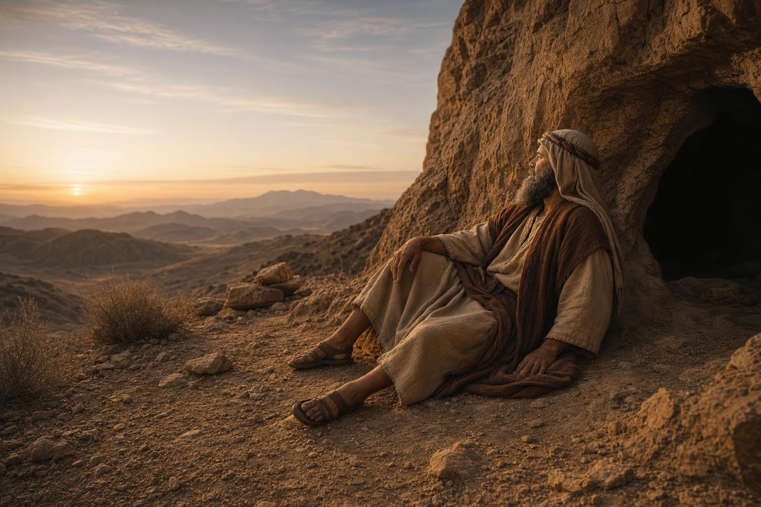 Elijah resting near the cave at Horeb at dawn