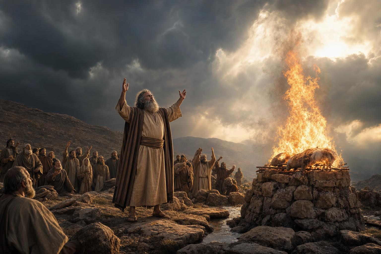 Elijah on Mount Carmel beside the altar as fire falls from heaven