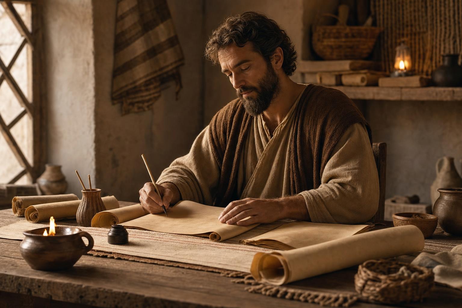 Luke carefully writing an orderly account on scrolls by lamplight