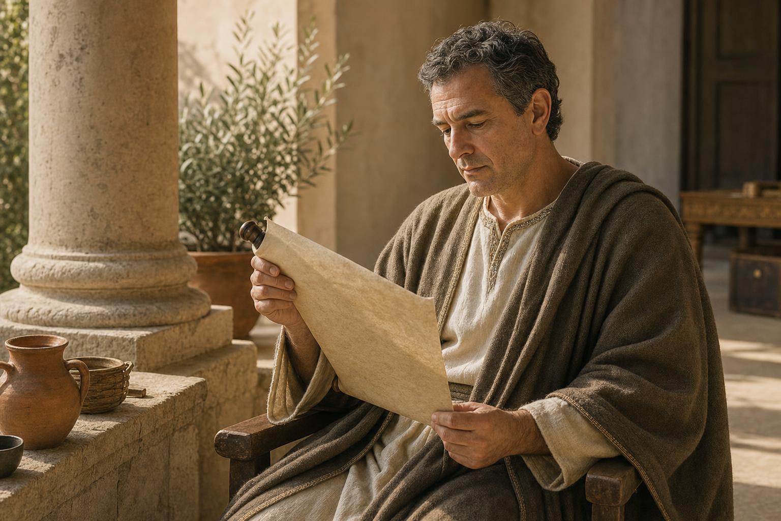 A thoughtful first-century man reading a scroll in a quiet courtyard