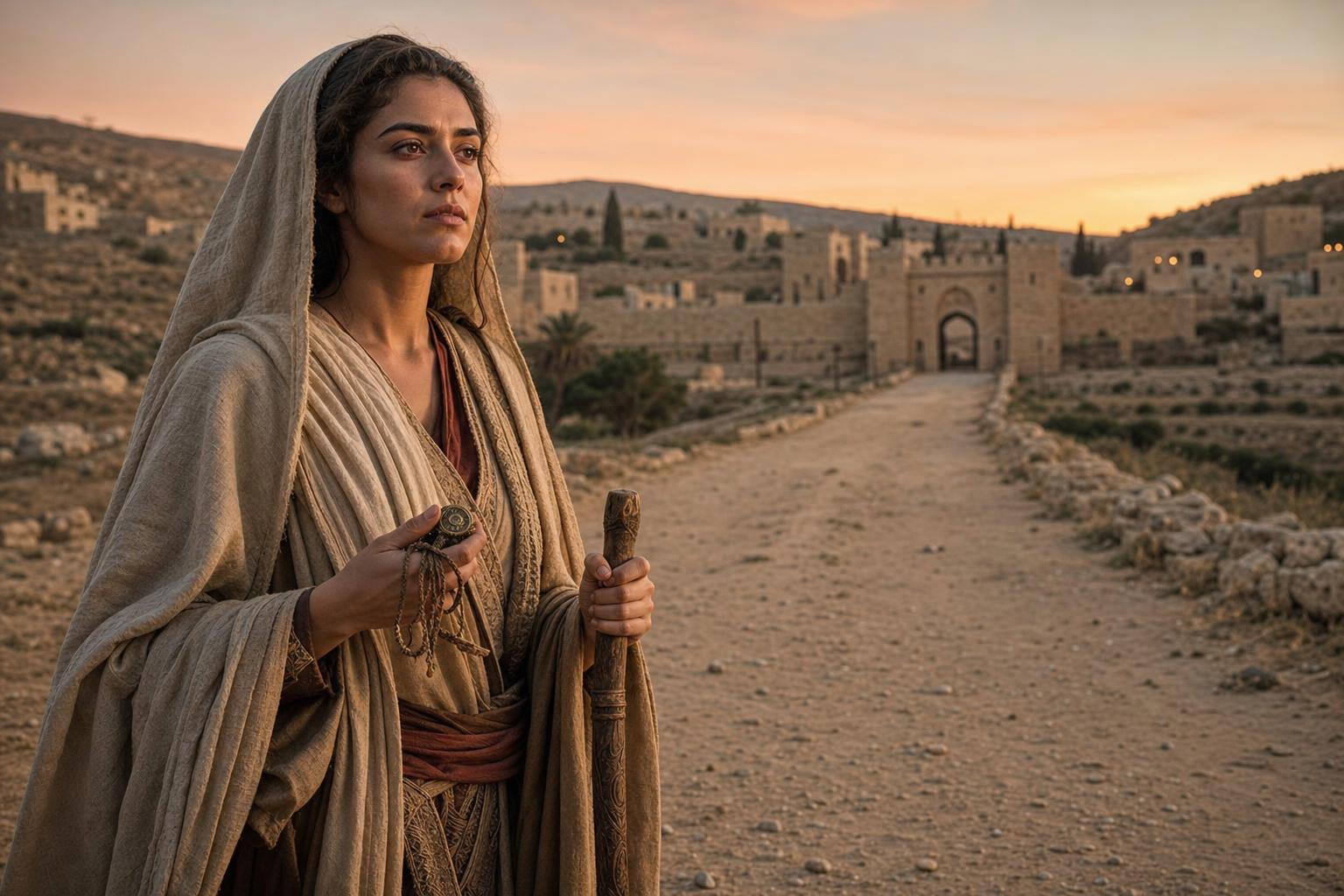 Tamar standing near the road to Timnah with Judah's signet, cord, and staff as the proof of his identity