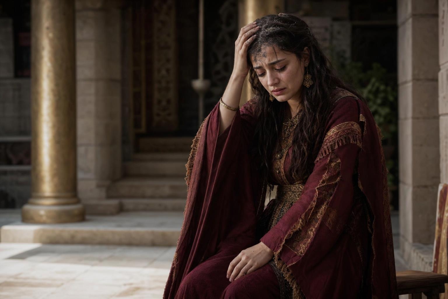 A quiet ancient courtyard scene with a woman in royal clothing mourning while distant palace shadows suggest a fractured household