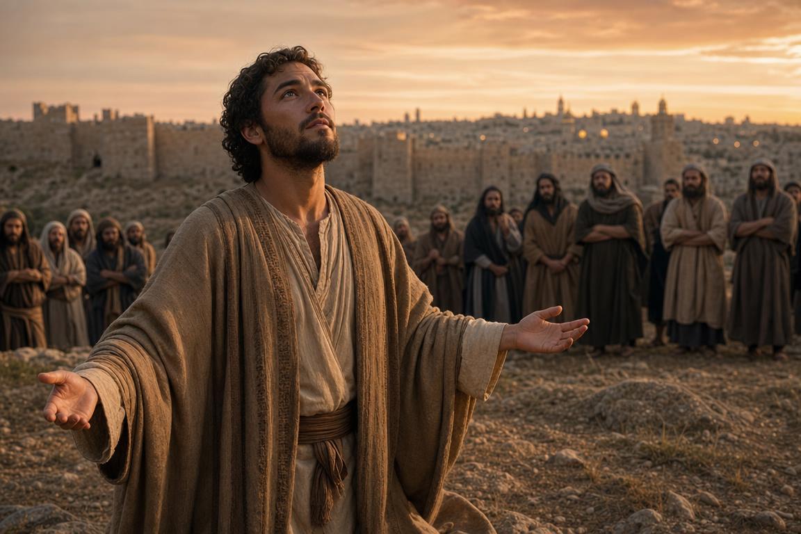 Stephen looking upward outside Jerusalem with calm faith before his death