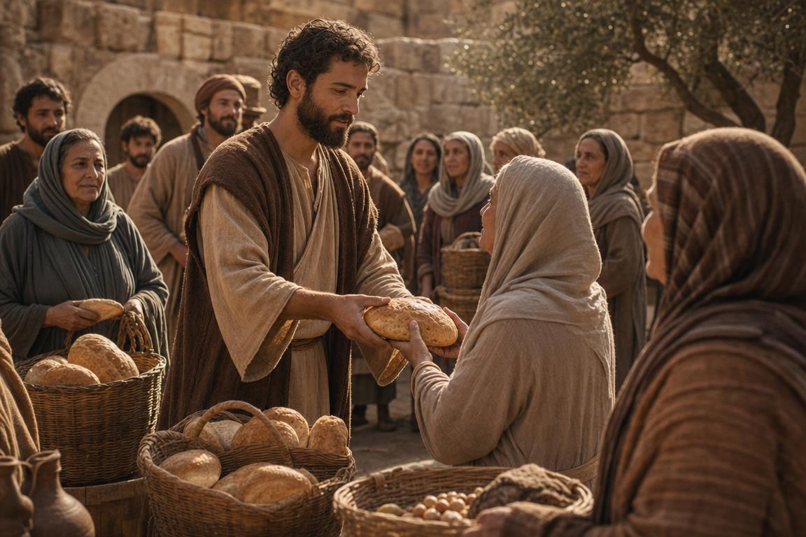Stephen helping distribute bread to widows in the early church