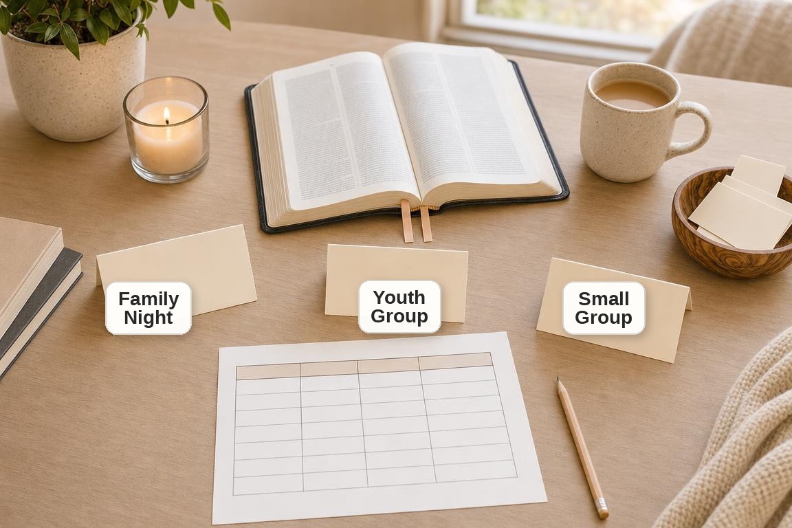 Bible trivia setup with family night, youth group, and small group cards beside an open Bible