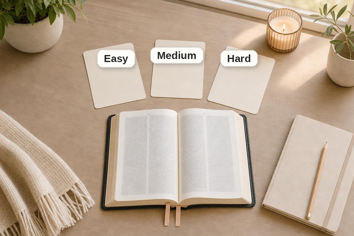 Open Bible with easy, medium, and hard Bible trivia round cards on a warm tabletop