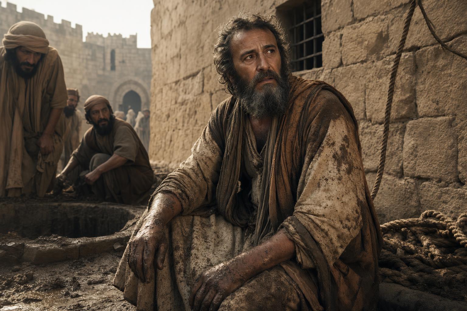 Jeremiah enduring hardship in a prison courtyard near Jerusalem