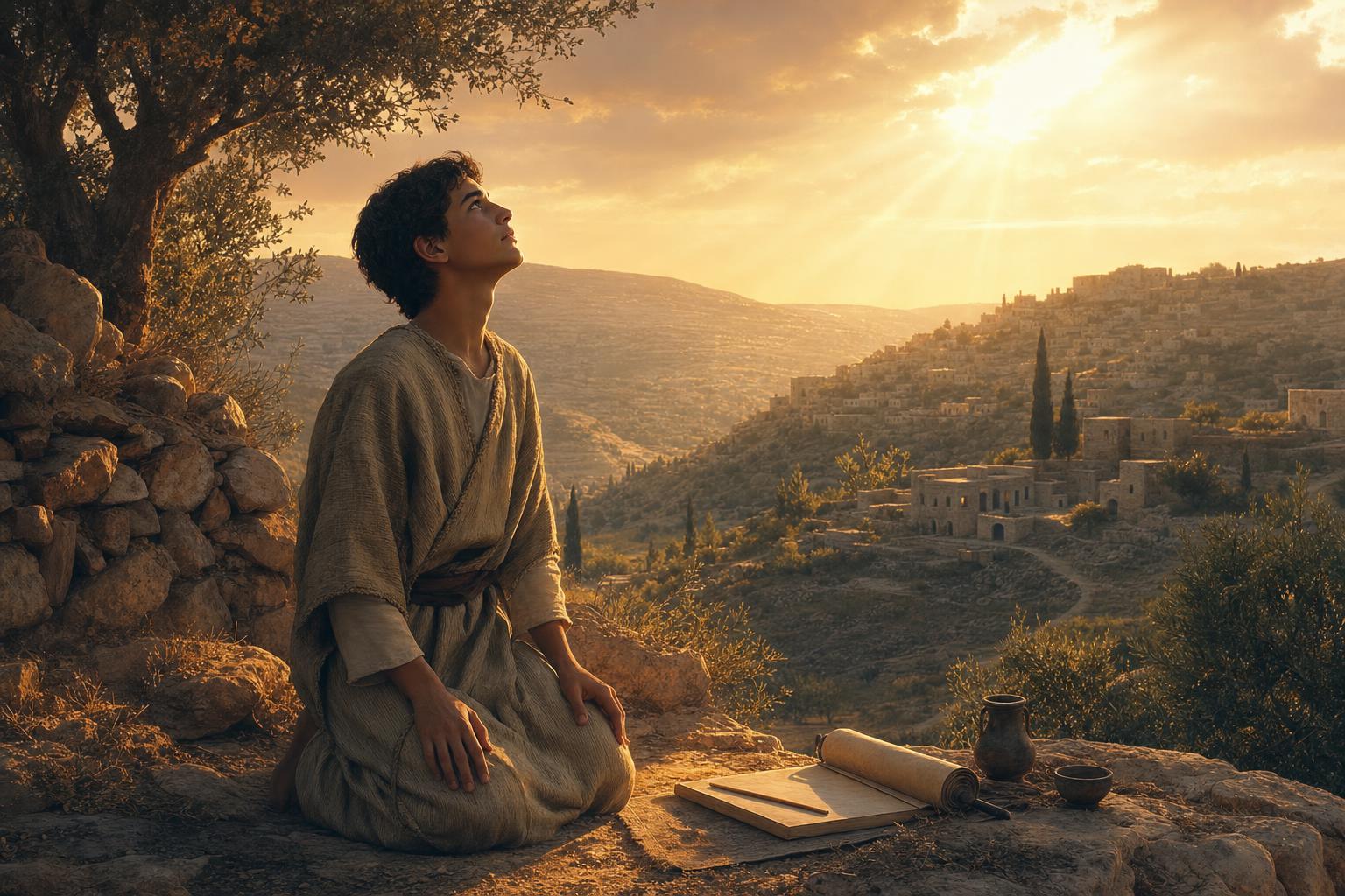 Young Jeremiah receiving God's call in a quiet Judean setting