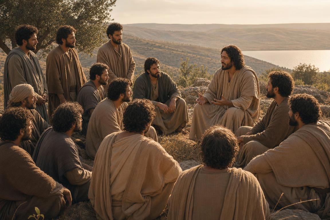 Simon the Zealot listening to Jesus among the twelve disciples on a hillside
