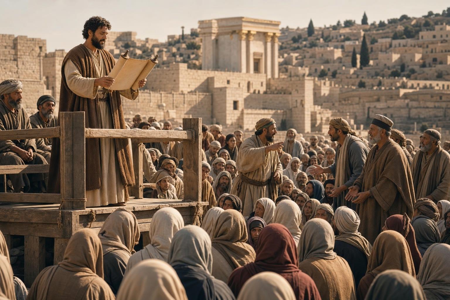 Ezra reading the Book of the Law from a wooden platform before the people in Jerusalem