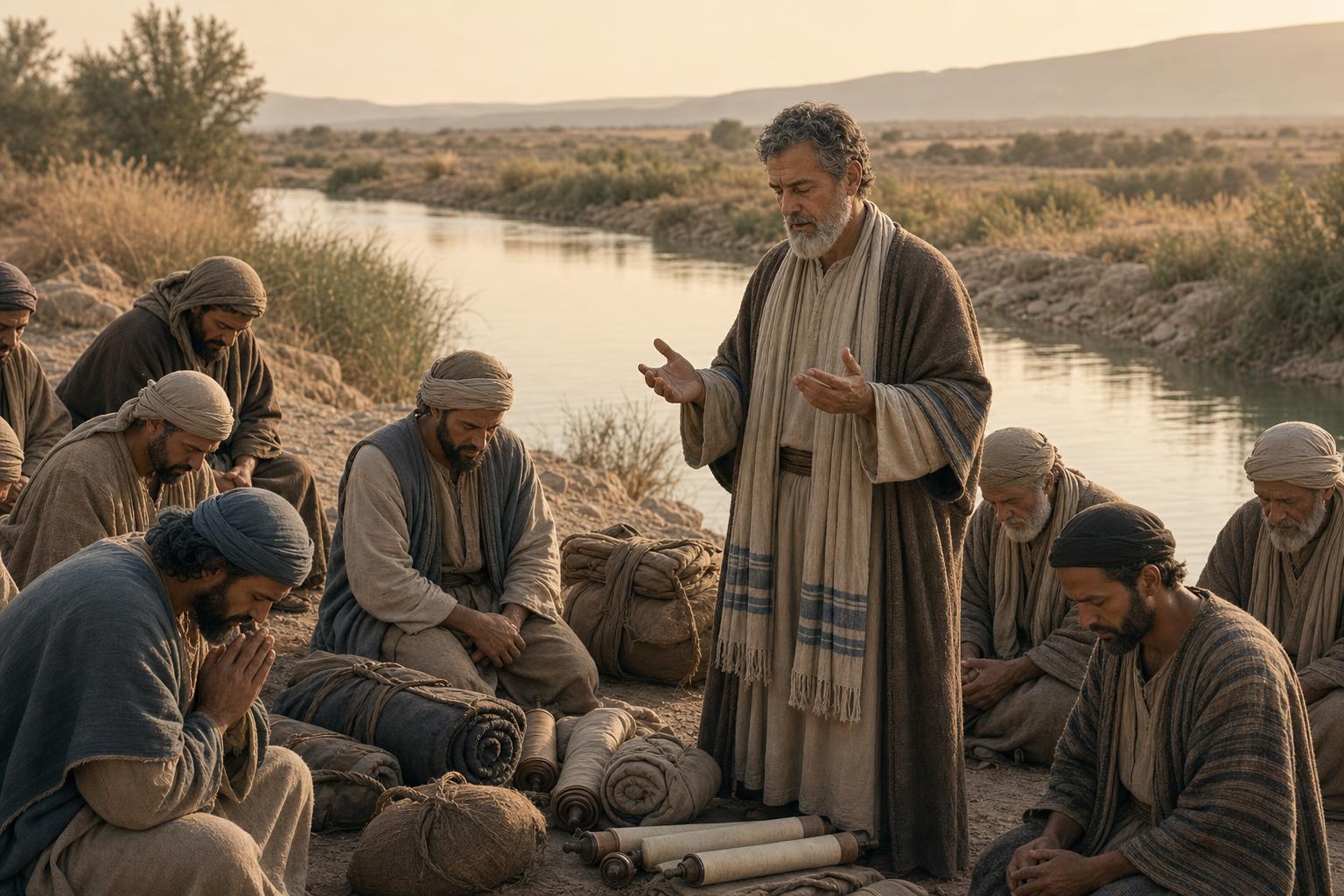 Ezra leading the returning exiles in fasting and prayer by the Ahava Canal