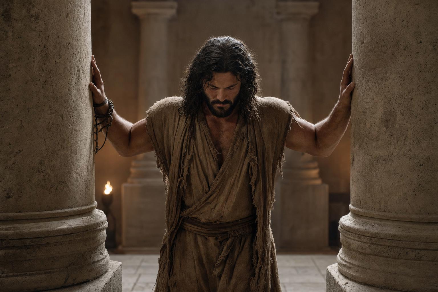 Samson praying between the pillars of Dagon's temple before the collapse
