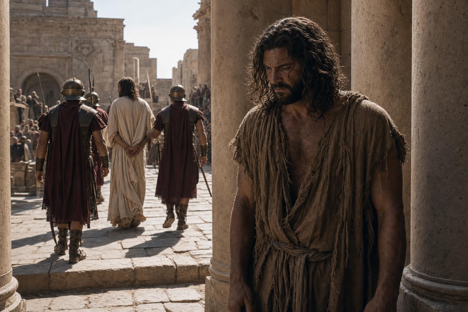 Barabbas walking free as Jesus is led away under Roman guard after the crowd's choice