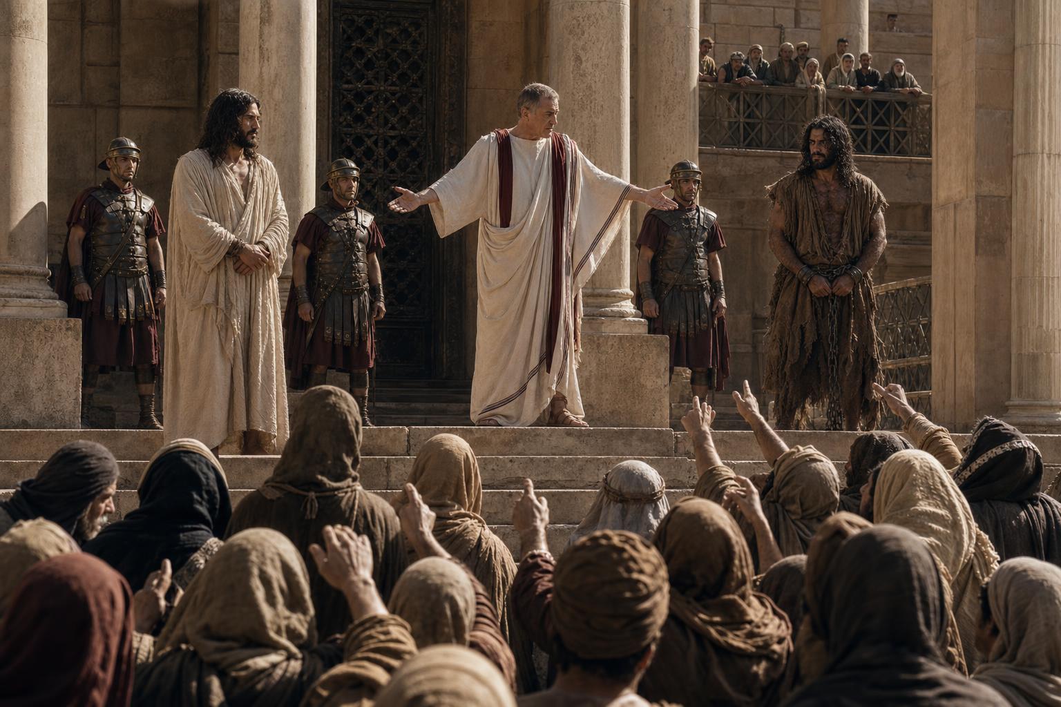 Pilate presenting Jesus and Barabbas to the crowd before the prisoner's release decision