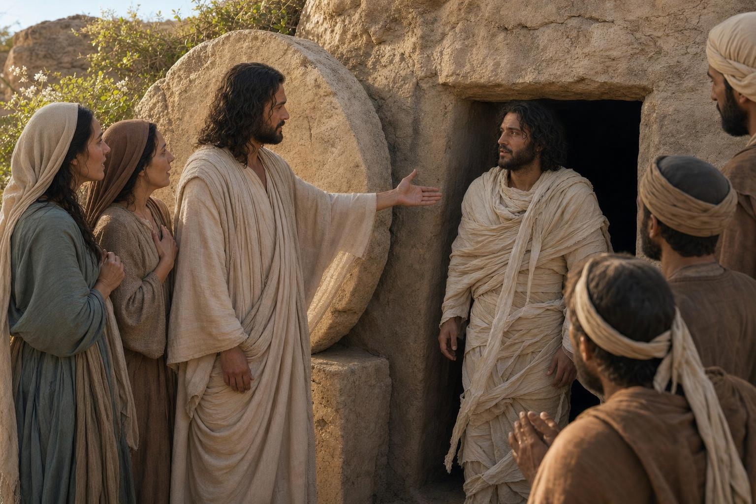 Jesus calling Lazarus out of the tomb at Bethany while Mary, Martha, and mourners watch