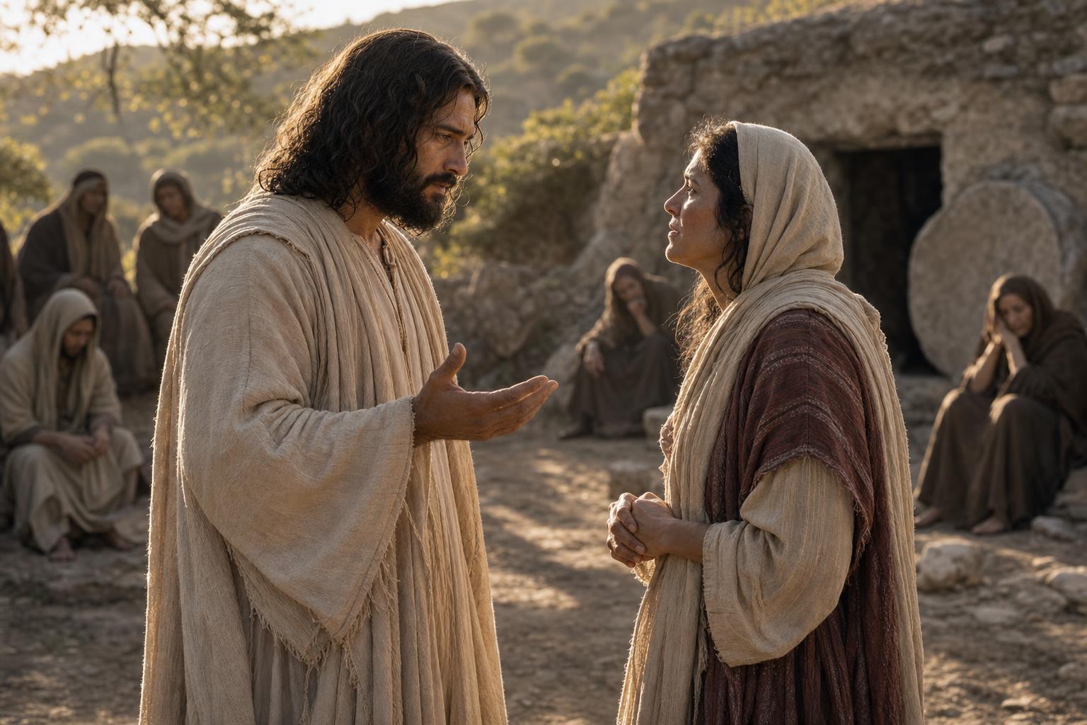 Jesus speaking with Martha near Lazarus's tomb in Bethany before the miracle