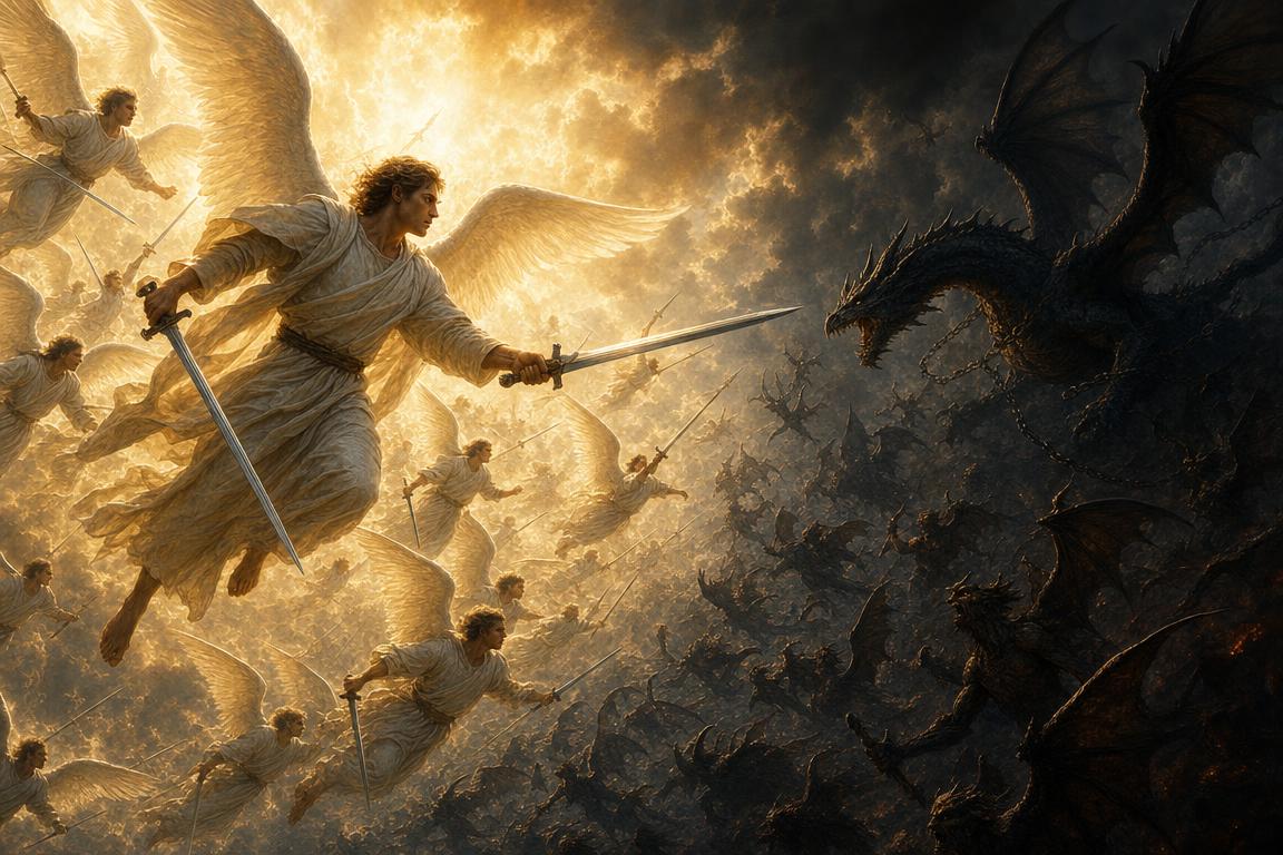 Michael leading heaven's angels against the dragon in a heavenly battle