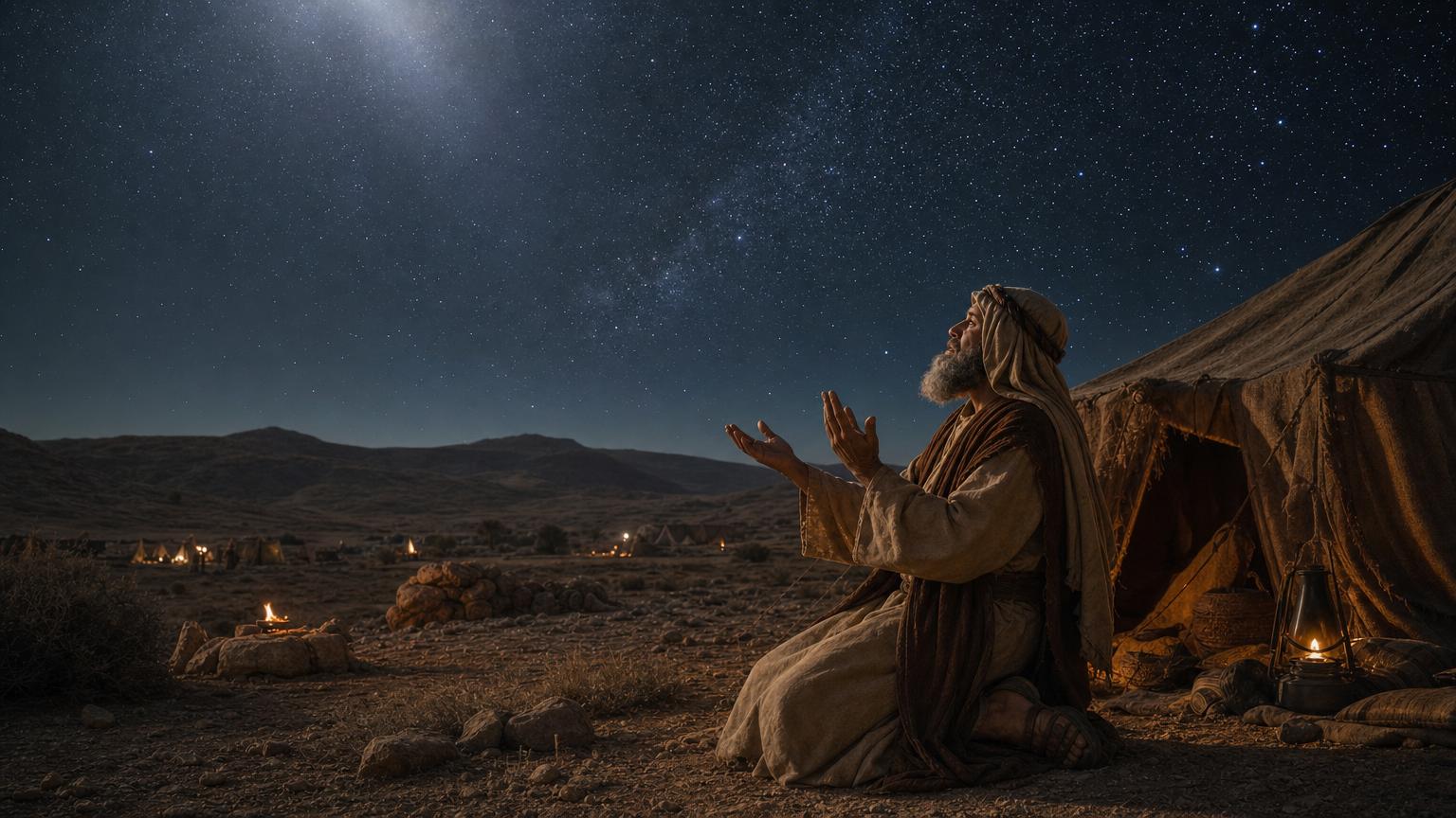 Abram praying beneath the night sky as he calls on the Lord in Genesis 15