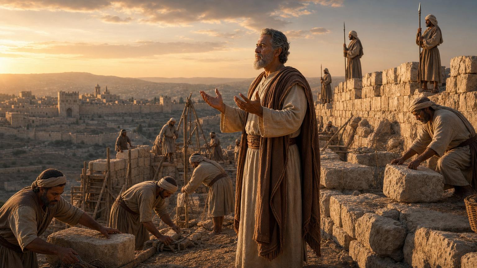 Nehemiah overseeing Jerusalem's wall rebuild while workers build and guards stay alert