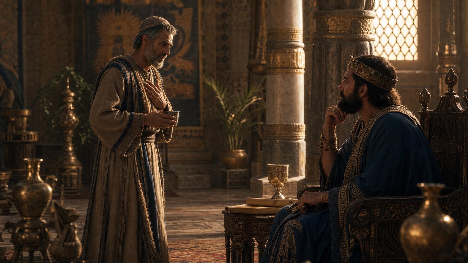 Nehemiah speaking before King Artaxerxes in the Persian court