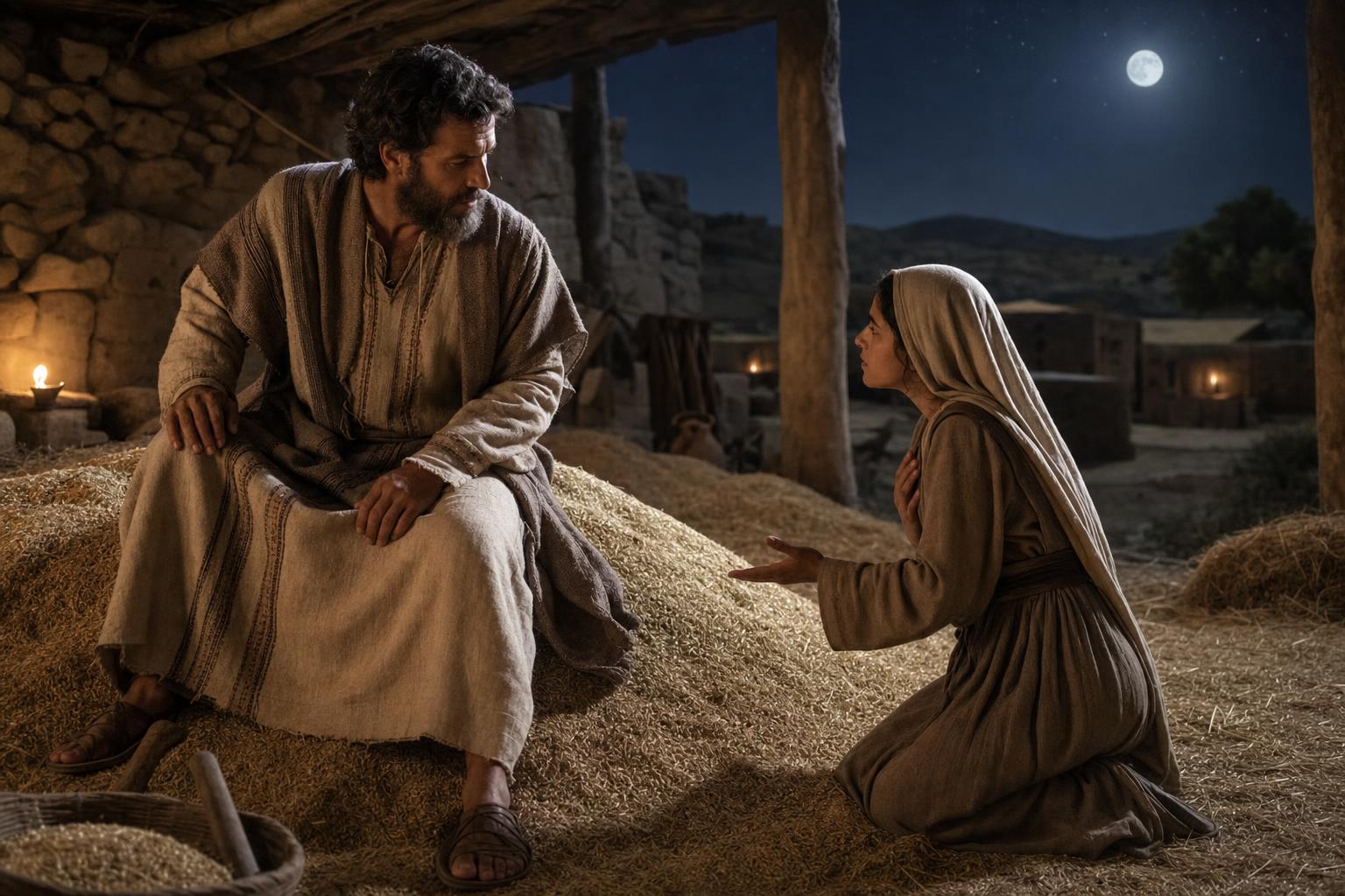 Ruth respectfully asking Boaz to spread his garment over her on the threshing floor while Boaz listens with calm honor