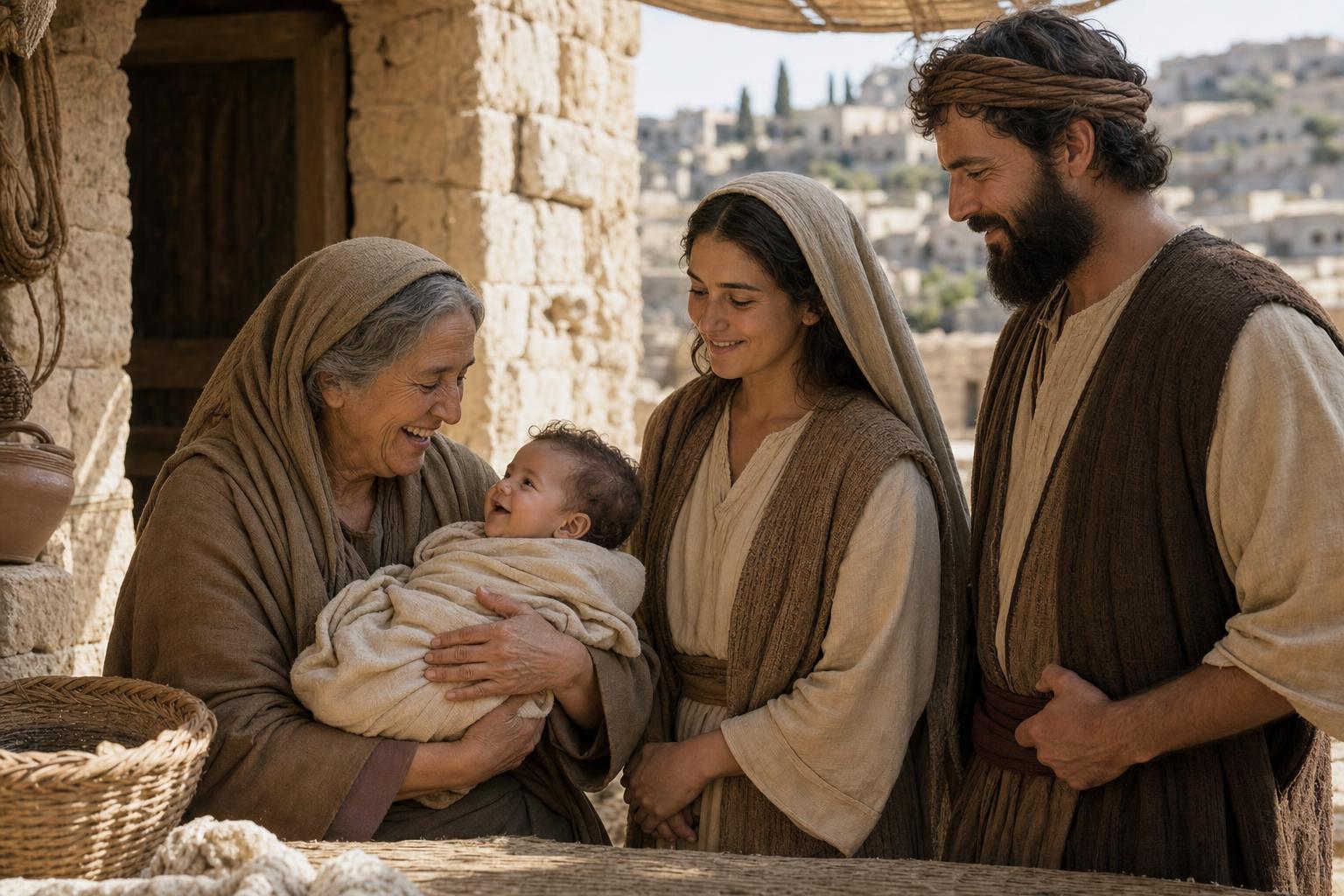 Naomi joyfully holding baby Obed while Ruth and Boaz stand nearby in a modest Bethlehem home