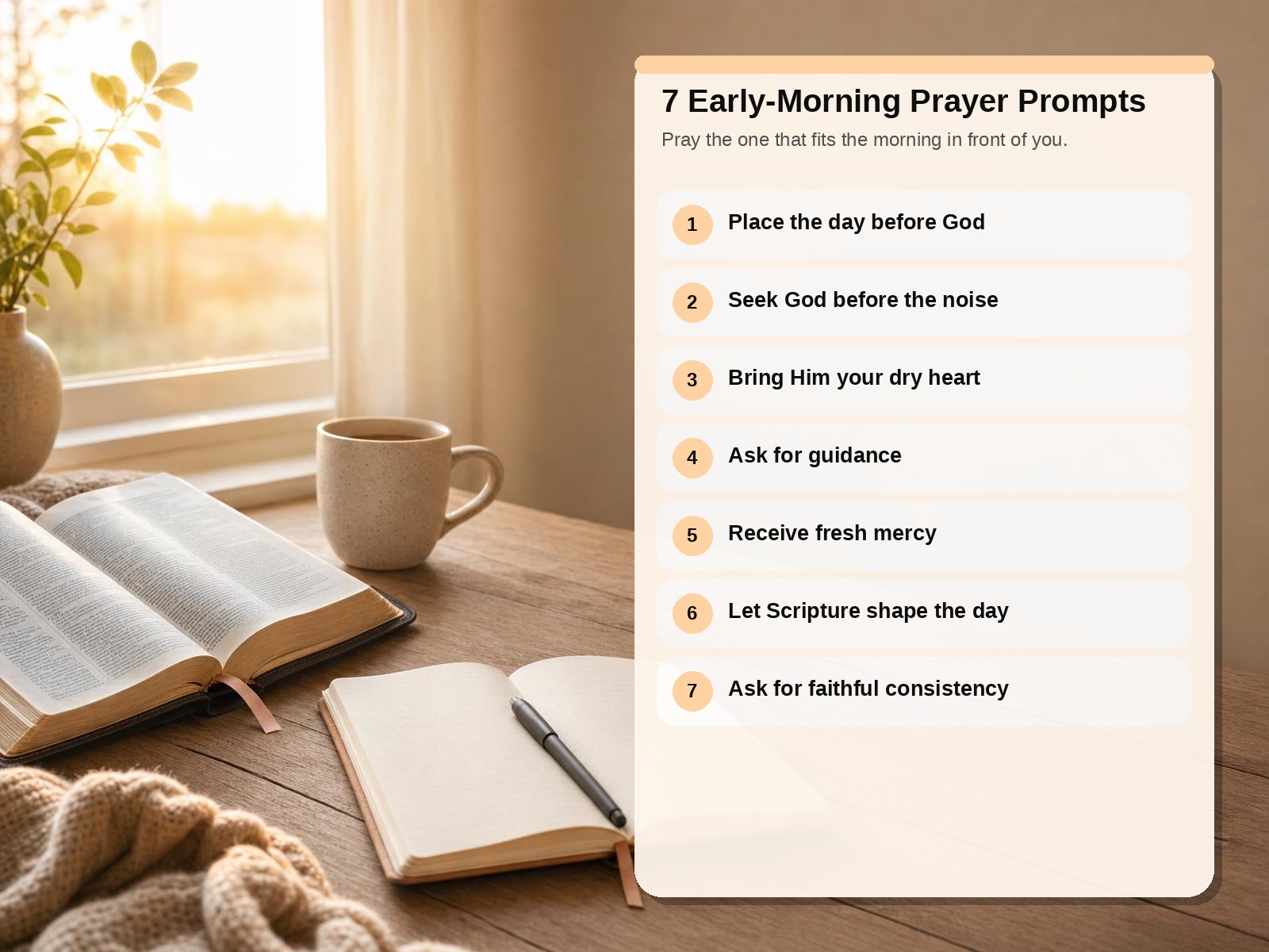 Morning prayer prompt guide beside an open Bible for seven early-morning prayer themes