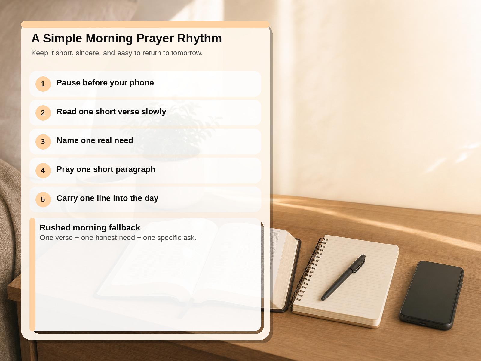 Simple morning prayer routine guide beside an open Bible and notebook