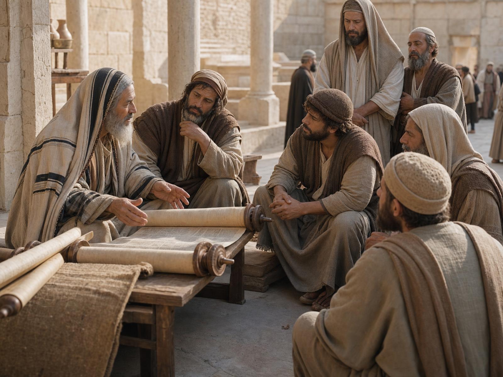 First-century Jewish teachers discussing the Law in a Jerusalem courtyard
