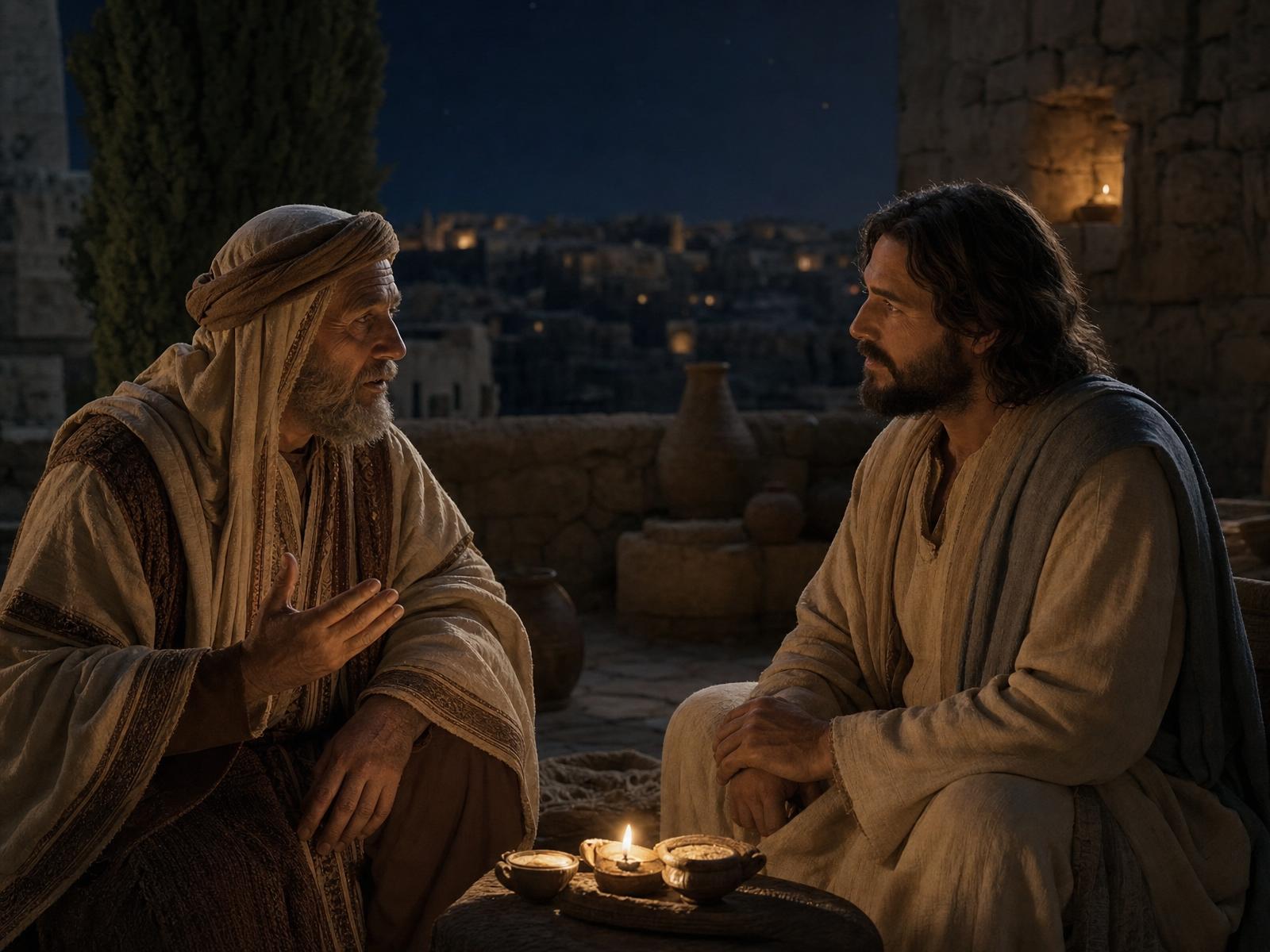 Nicodemus speaking with Jesus at night in Jerusalem