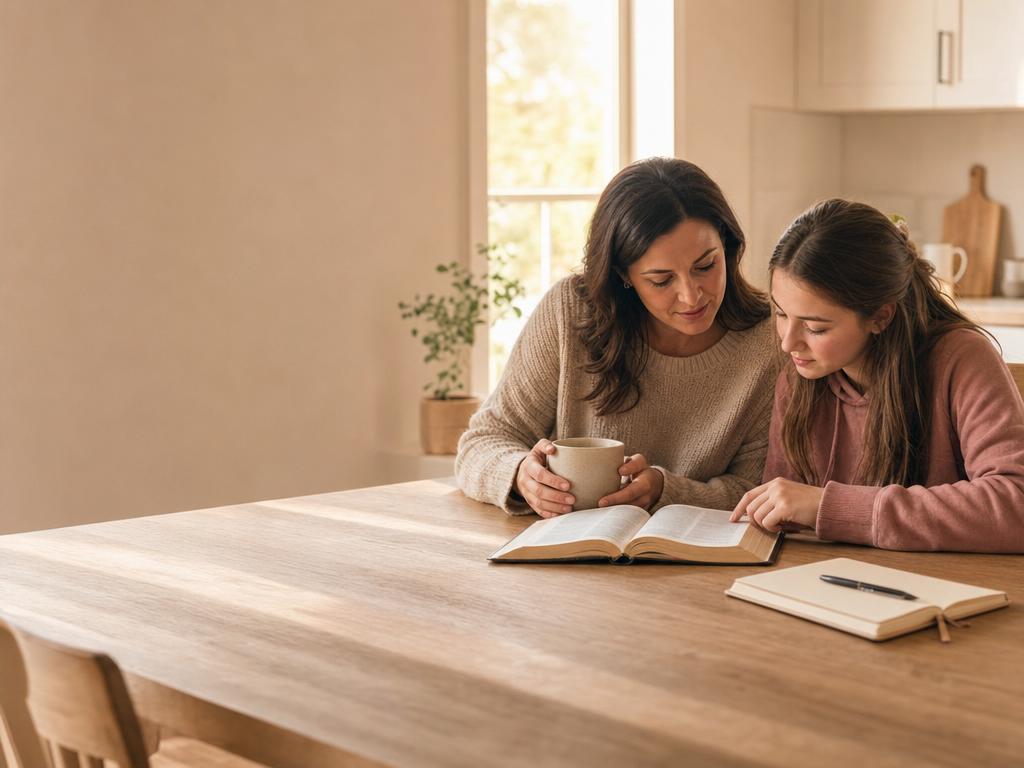 A mother and daughter reading the Bible together at a table during devotional time