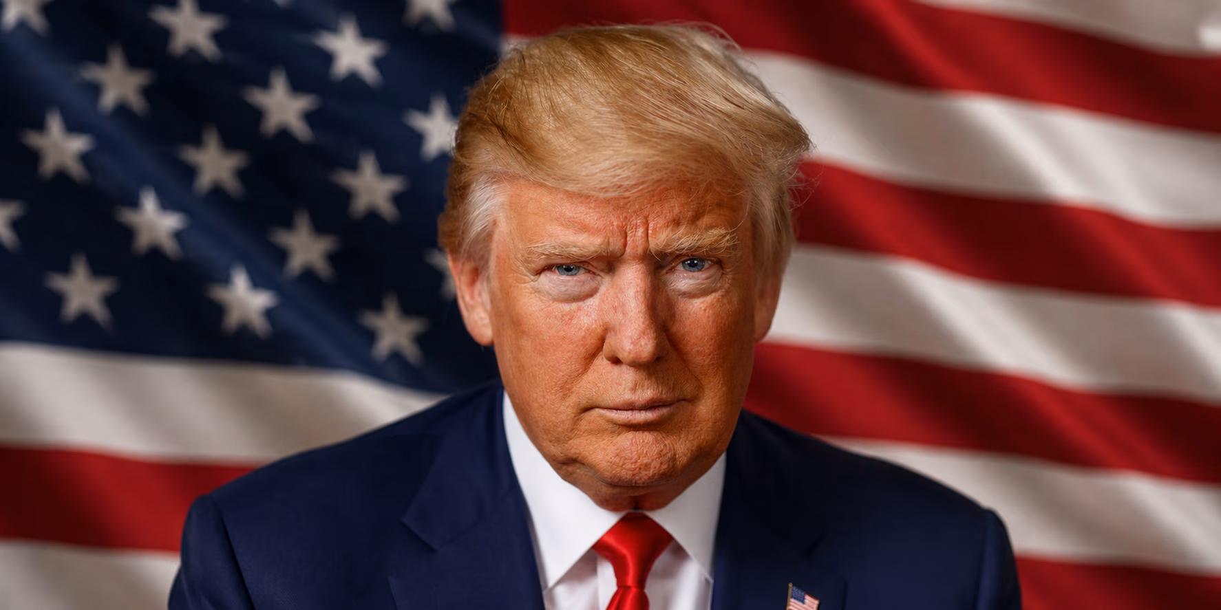 Donald Trump positioned in front of the United States flag