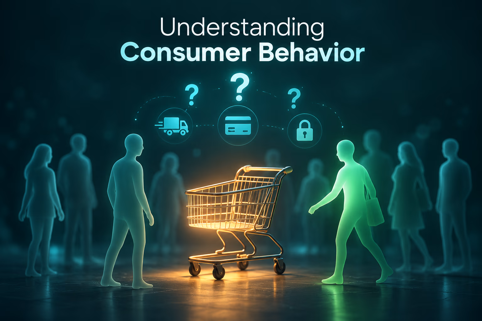 Understanding consumer behavior concept showing shoppers around a glowing shopping cart with icons for delivery, payment, and privacy, illustrating factors that influence purchasing decisions.
