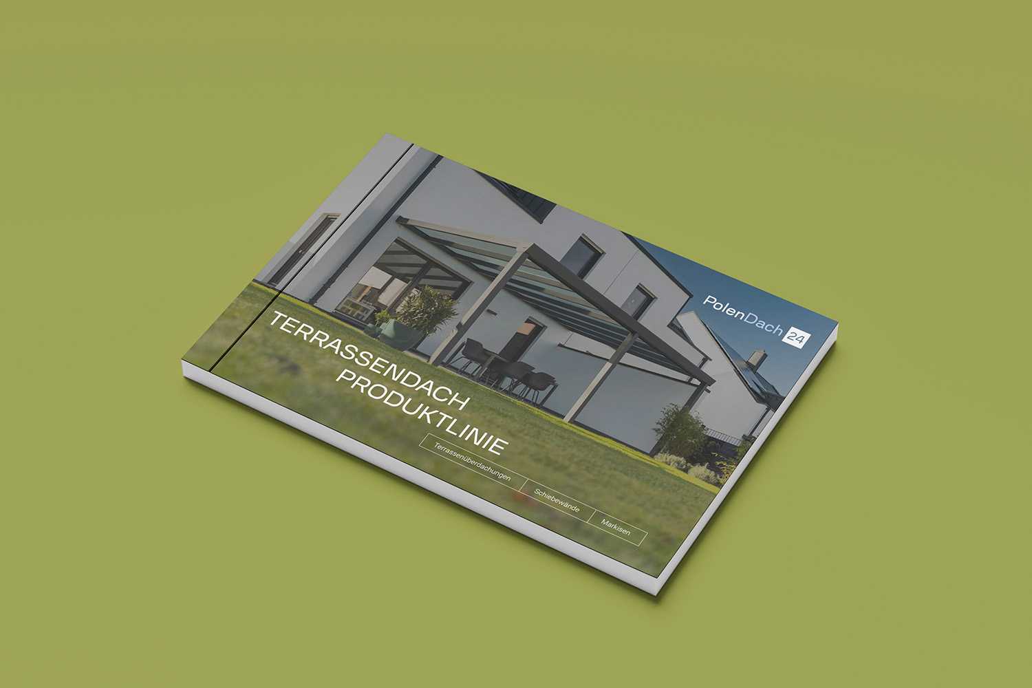 jednolite zielone tło na nim katalog z nowoczesnymi zadaszeniami tarasowymi, katalog w języku niemieckim