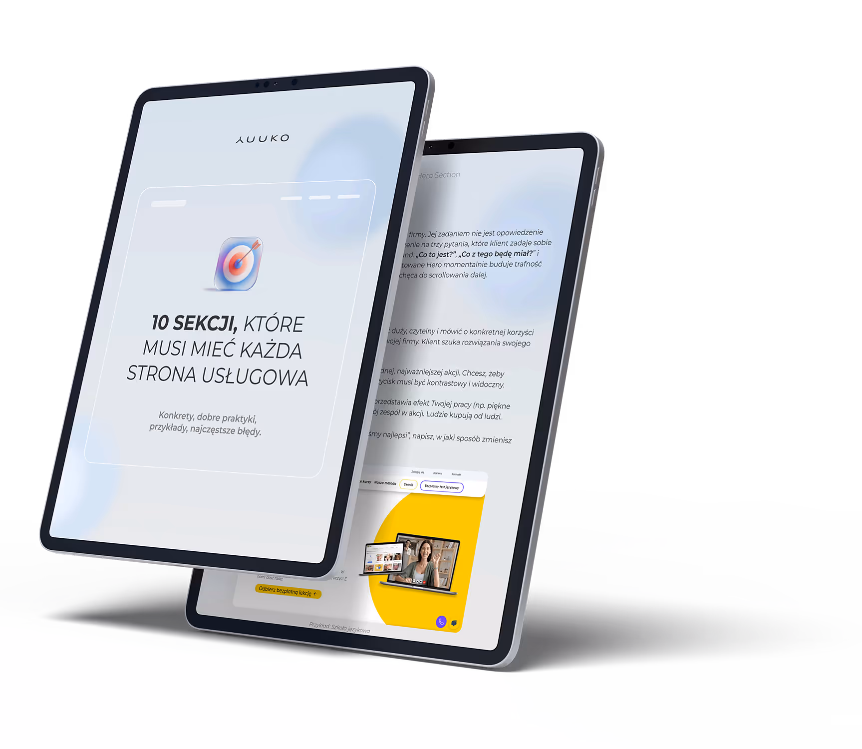 Dwa tablety z ekranami pokazującymi polski e-book zatytułowany 10 sekcji, które musi mieć każda strona usługowa.