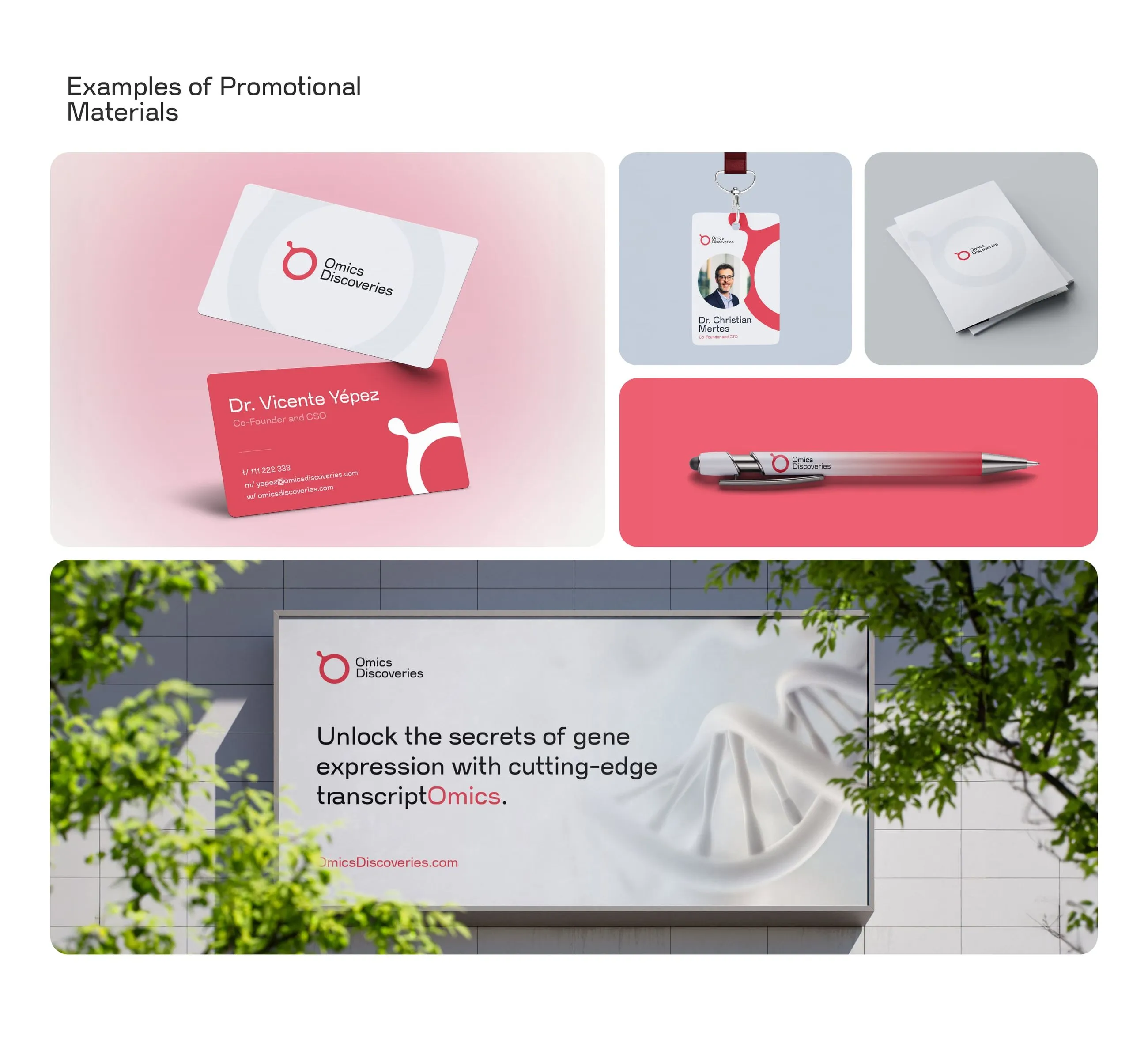 Wizualizacja materiałów promocyjnych dla marki Omics Discoveries (wizytówki, identyfikator, długopis, teczka, baner)