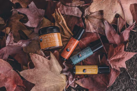 kosmetyki na jesiennych liściach, czerwona kolorystyka