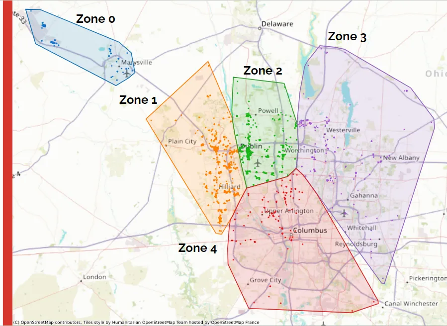 A map divided into five color-coded zones labeled Zone 0 through Zone 4, covering different geographic areas. Each zone is shaded in a distinct color with points marking specific locations within each zone. Zone 0 is in blue, Zone 1 in orange, Zone 2 in green, Zone 3 in purple, and Zone 4 in red. The map appears to cover regions around Columbus, Ohio, with labeled cities such as Marysville, Plain City, Powell, Dublin, Upper Arlington, and Columbus.