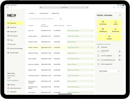 Ein iPad mit einer Übersicht des Nelly Doktorportals