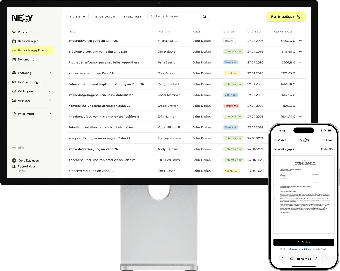 Nelly practice management dashboard showing treatment plans and patient overview on desktop and mobile