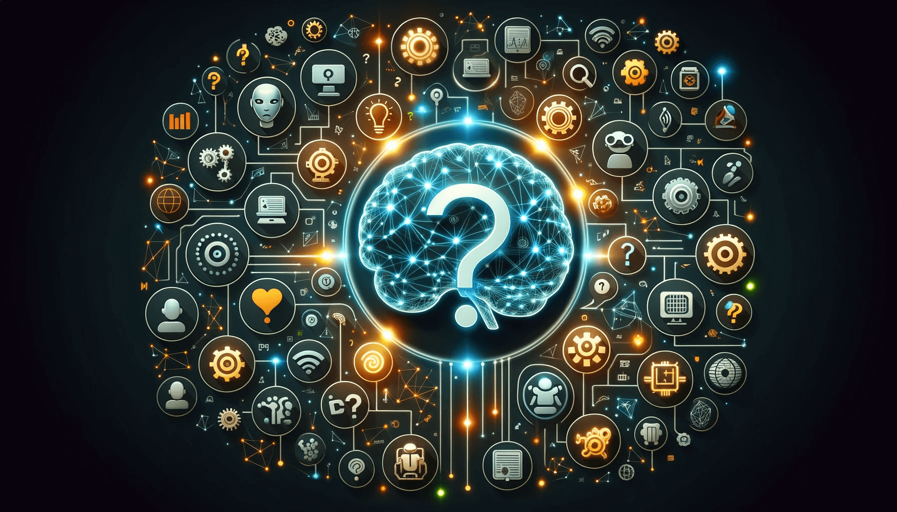 A brain with a question mark, with lots of ideas and pieces of information around it to show the complexity of AI and unknown risks.