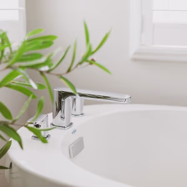 Chrome faucet and controls attached to a white bathtub with a blurred green plant in the foreground.
