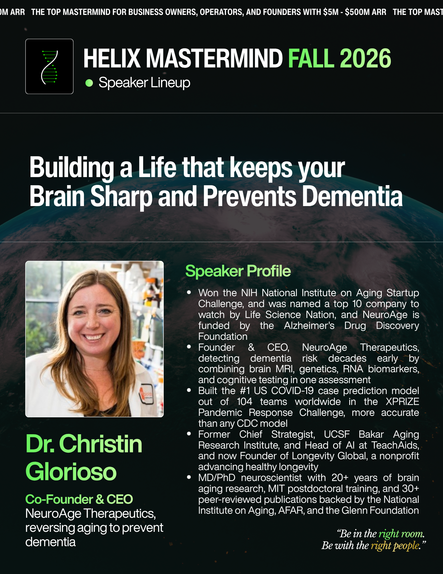 Dr. Christin Glorioso — Building a Life that Keeps your Brain Sharp and Prevents Dementia. Saturday, October 17 · 11:45 AM