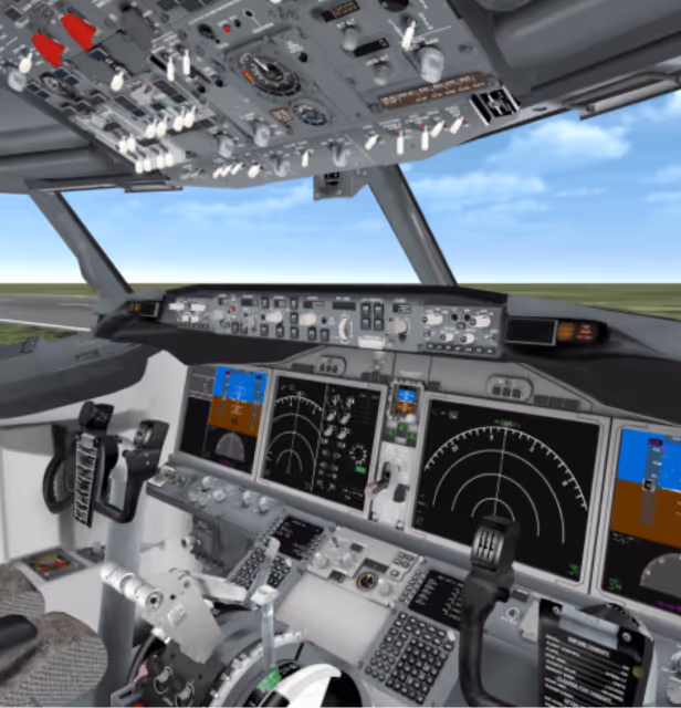 Virtual cockpit simulation of a commercial aircraft flight deck with detailed instrument panels, digital displays, and control systems as viewed in VR, demonstrating pilot training applications.