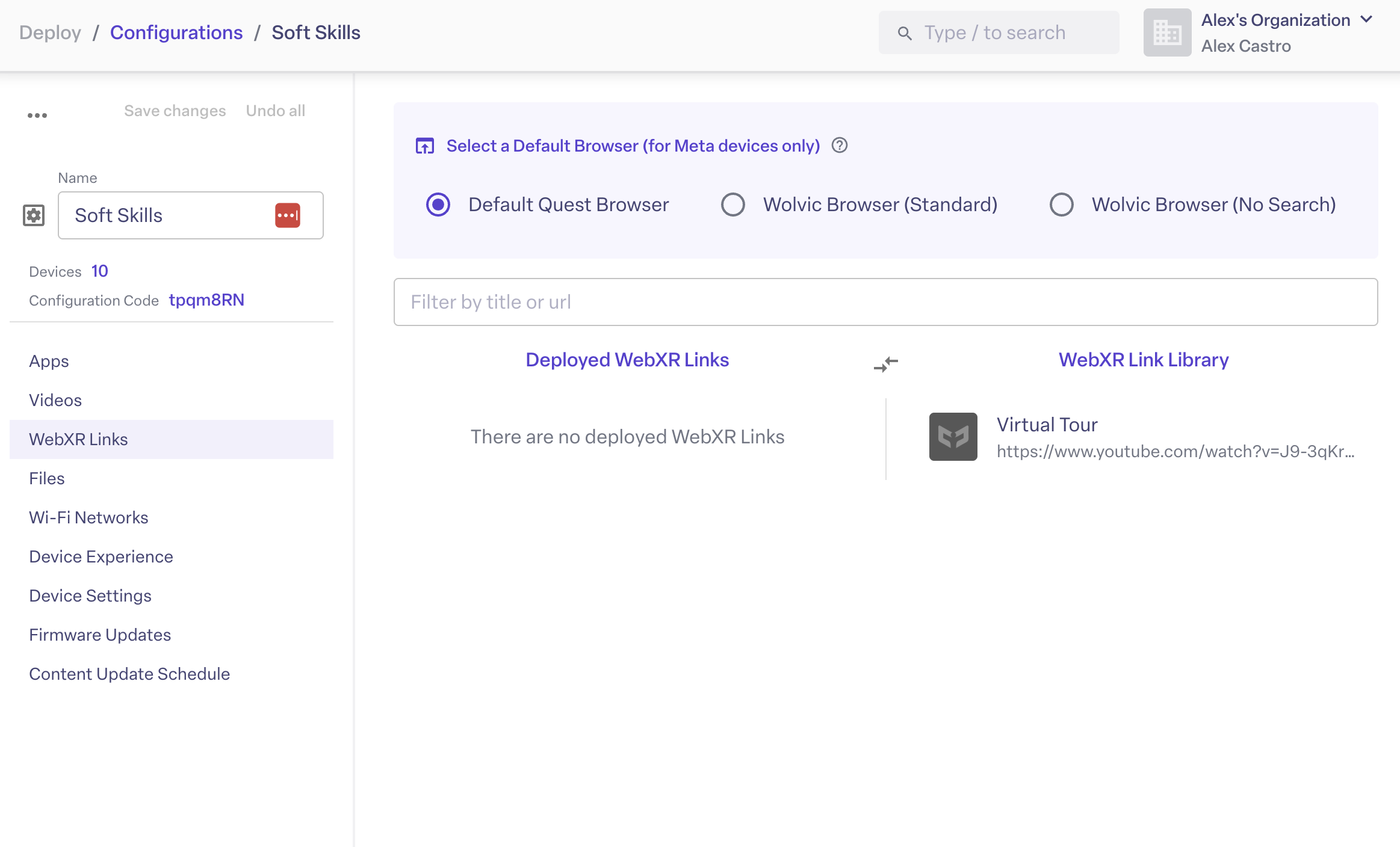 Configuration WebXR Links settings showing the browser options