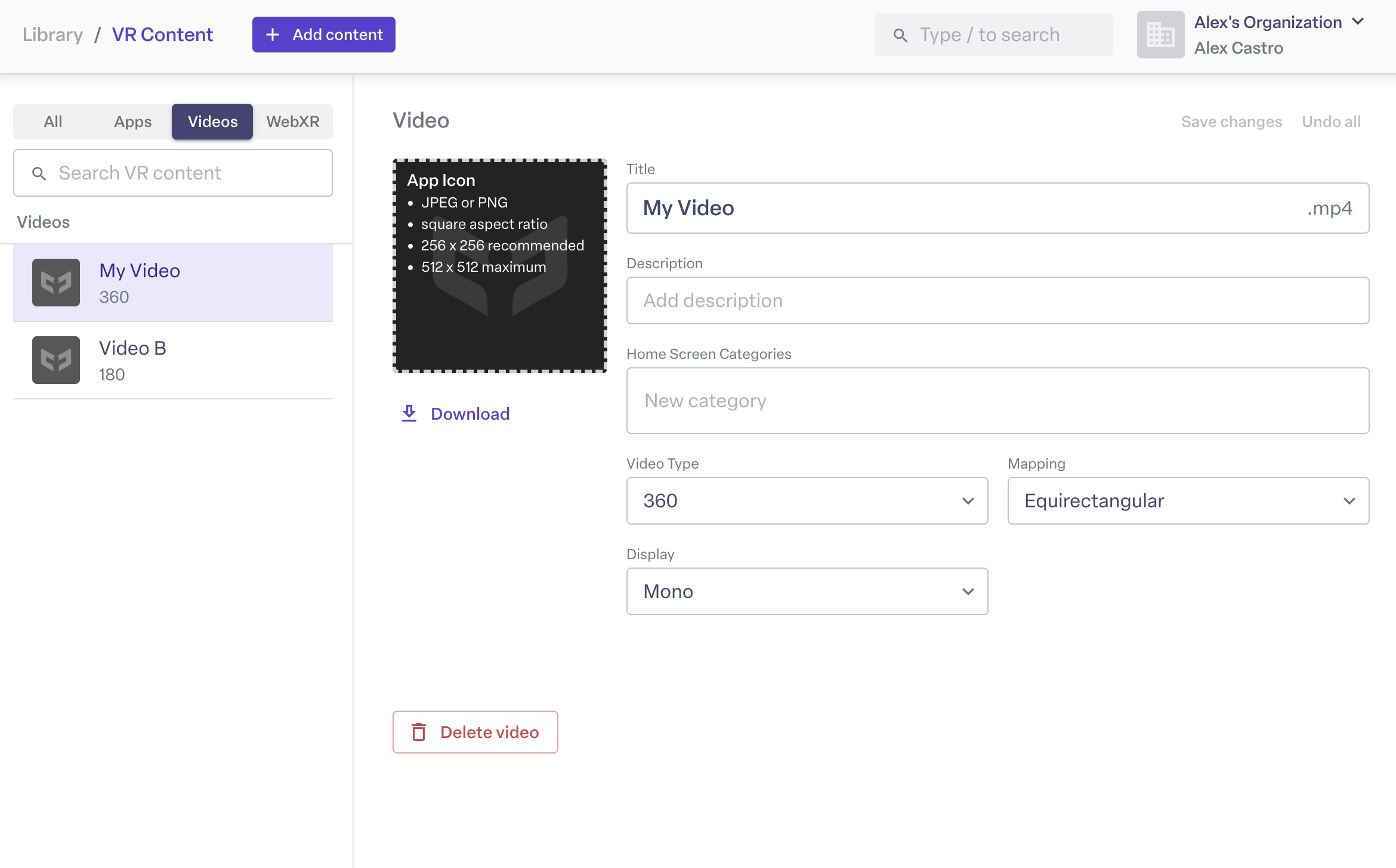Video upload form with video type, mapping, and display type settings
