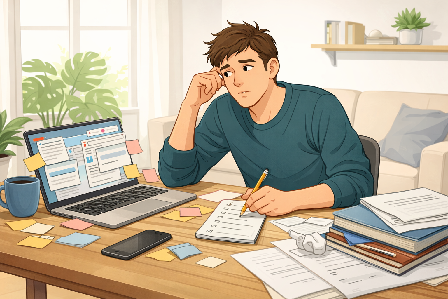 Adult with undiagnosed ADHD struggling to focus on work tasks at home