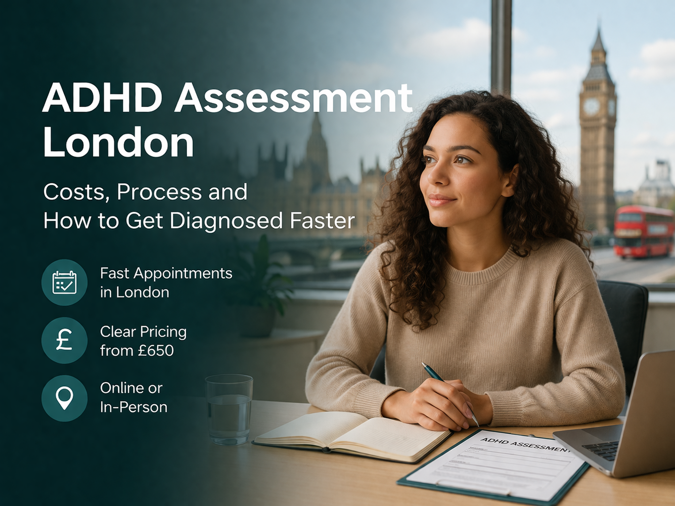 ADHD assessment London with medical form and London skyline background